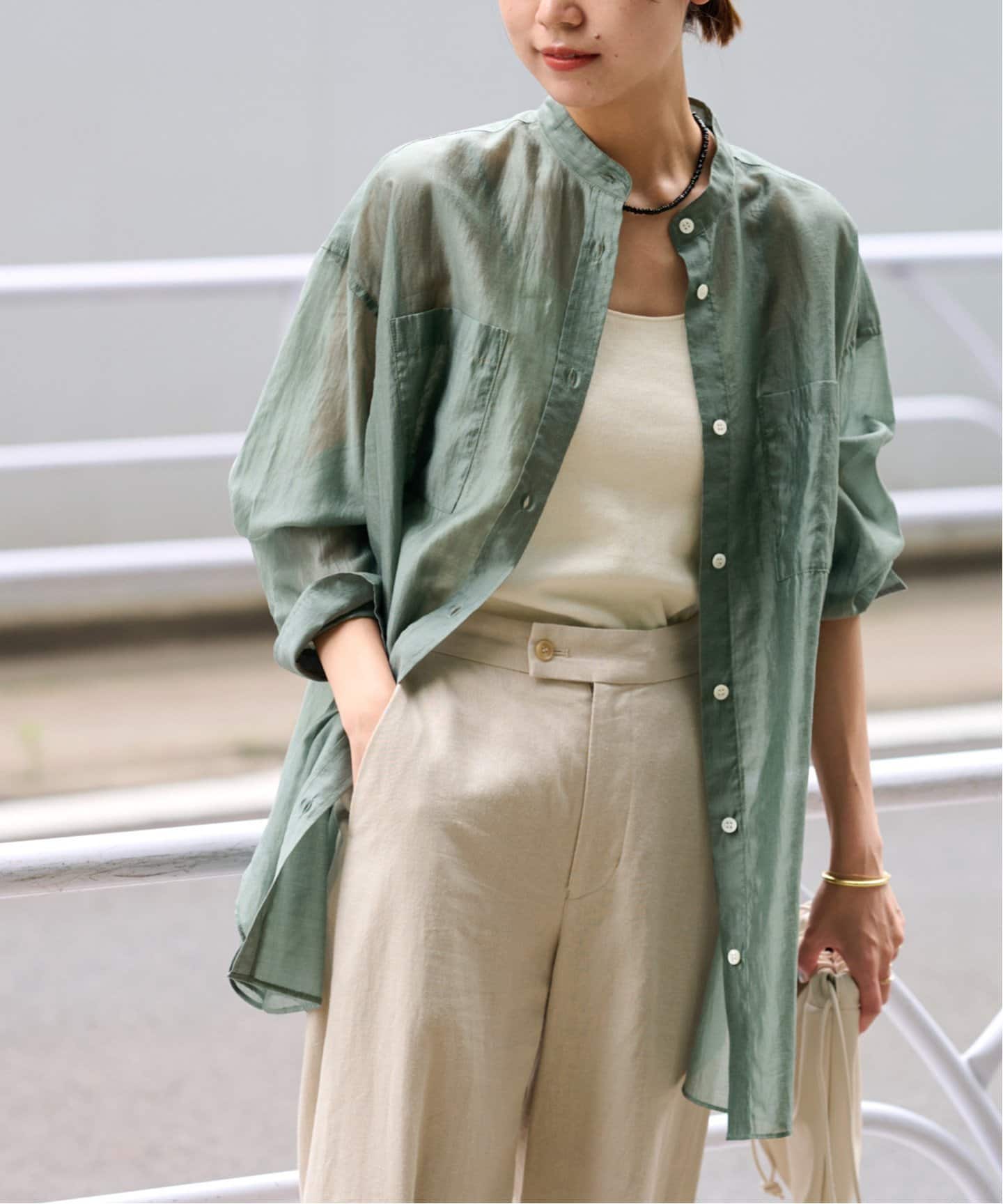 JOURNAL STANDARD relume バンドカラーシアシャツ グリーン