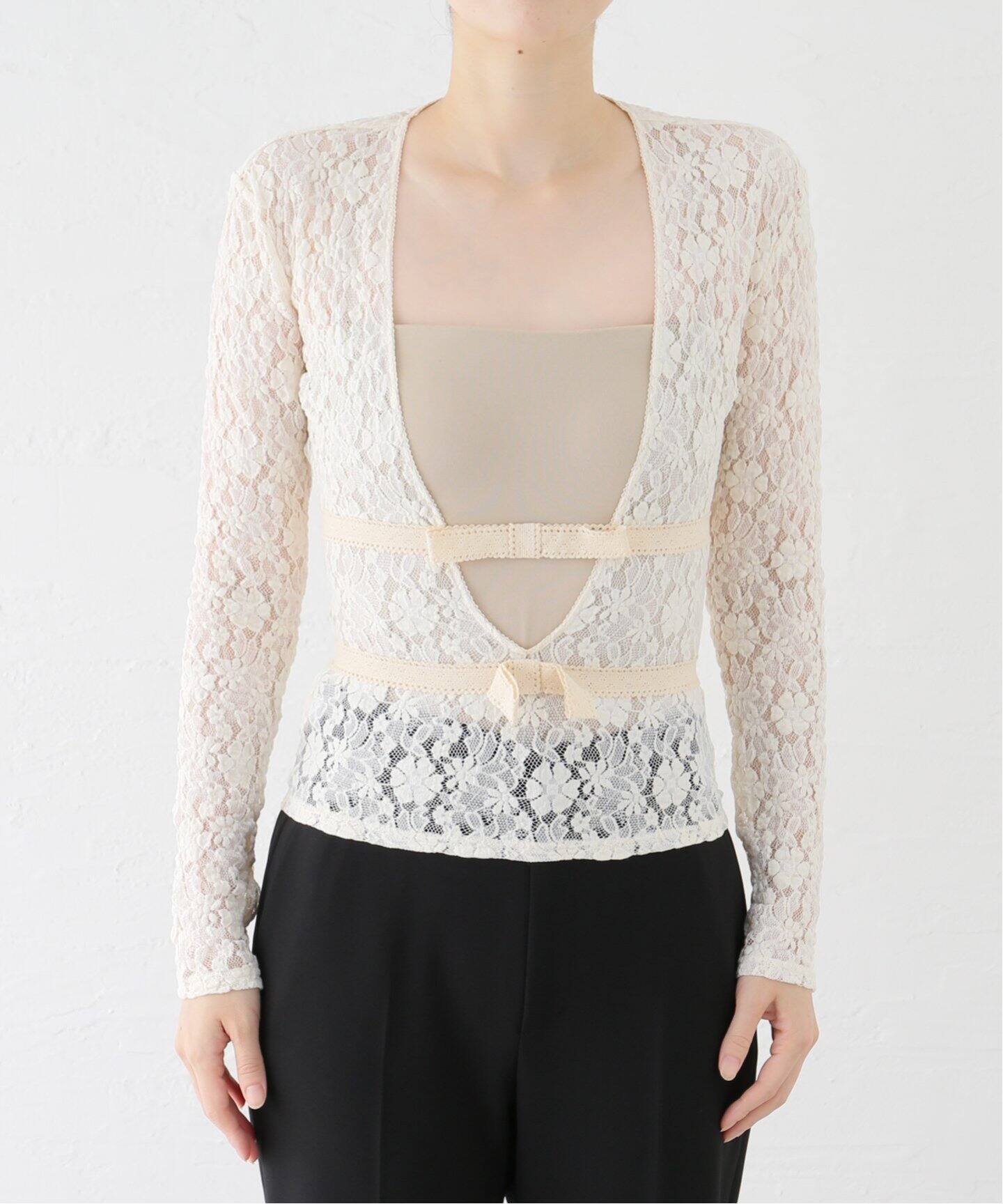 YUHAN WANG/ユハン ワン】ribbon tied lace top（シャツ／ブラウス 