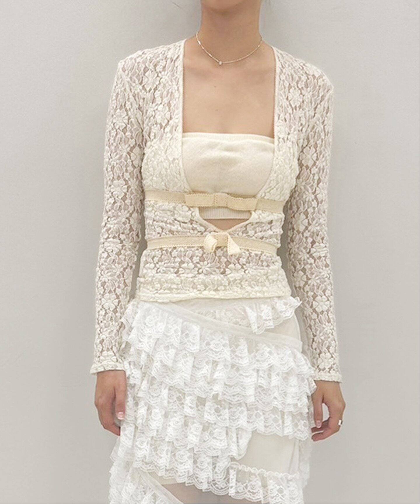 YUHAN WANG/ユハン ワン】ribbon tied lace top（シャツ 