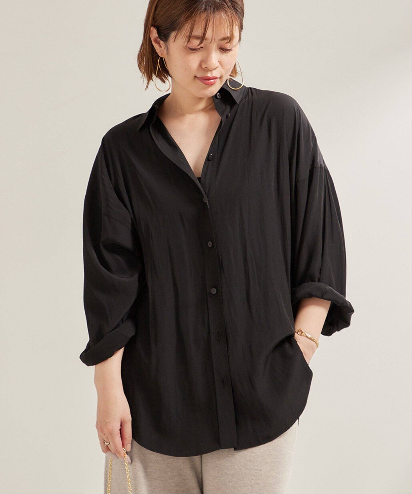 【オーバーサイズ】Plage プラージュ　長袖シャツ　ブラウス　ブラック　黒 Memory Taffeta Dolman シャツ（シャツ／ブラウス）｜Plage