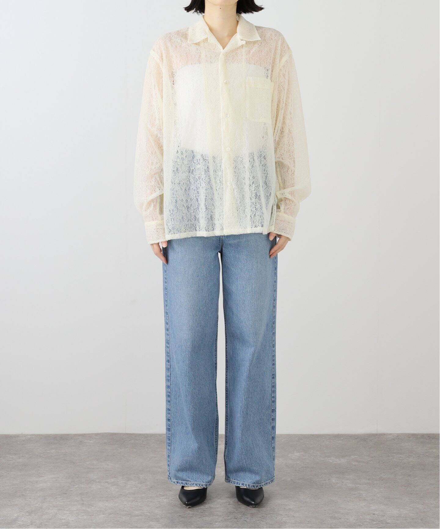 Janesmith✨FLOCKY LACE OPEN COLLAR SHIRT 