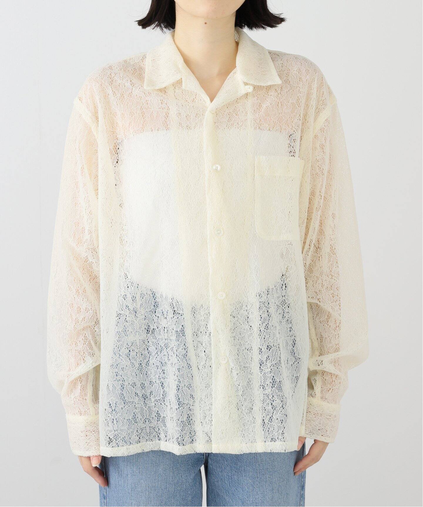 Janesmith✨FLOCKY LACE OPEN COLLAR SHIRT 