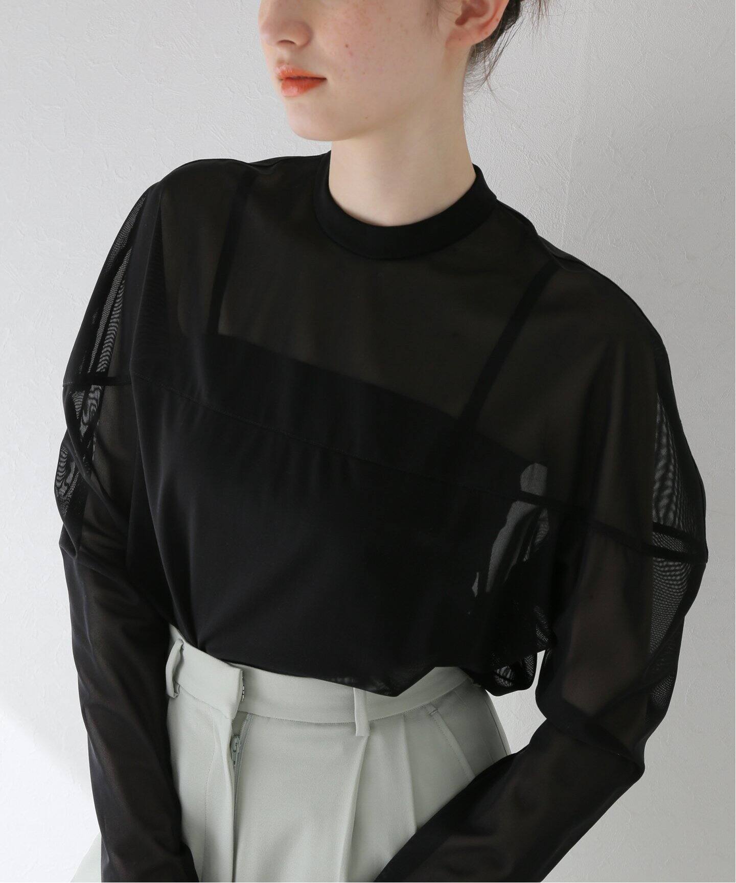 CLANE / クラネ】SHEER MESH CURVE SLEEVE TOPS（シャツ／ブラウス 