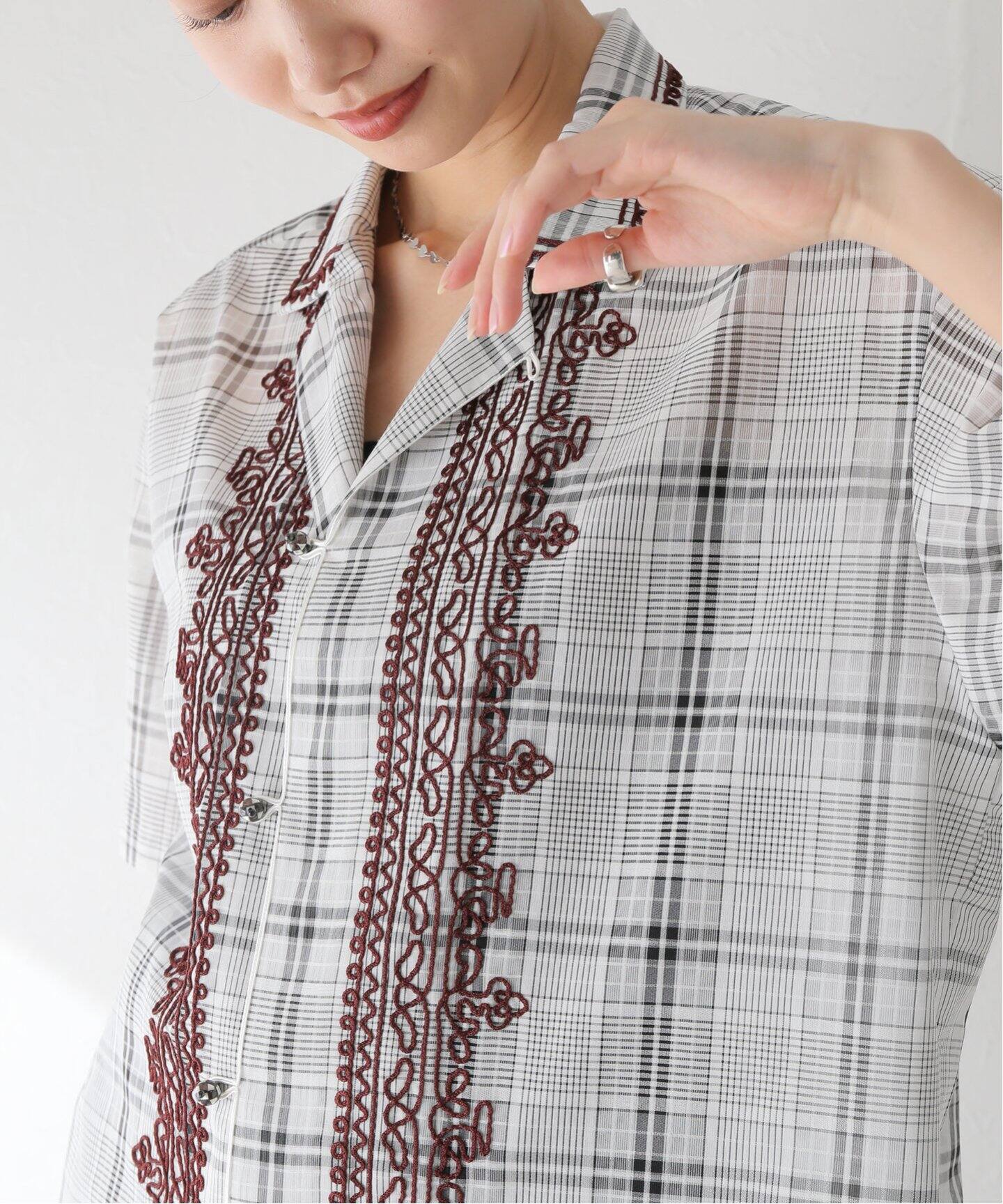 PONTI / ポンティ】Sheer Check Embroidered Shirt（シャツ／ブラウス 