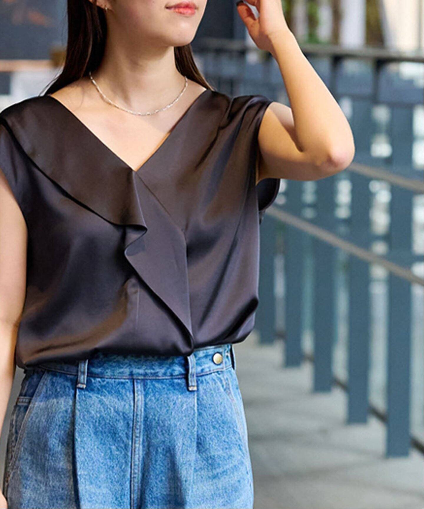 今期 新品ドゥーズィエム ENFOLD ダブルサテン リブブラウス ブラック  