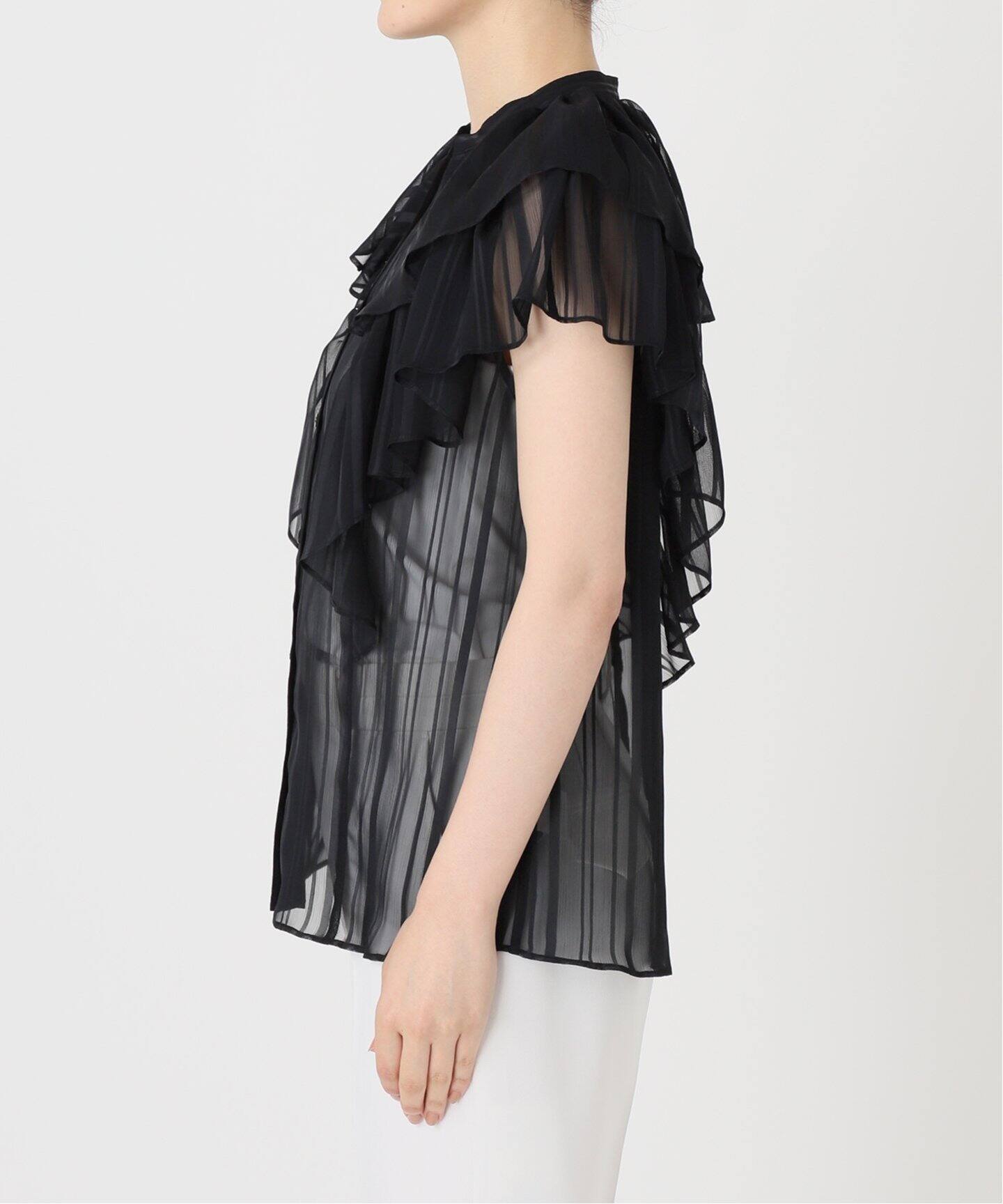 シアーストライプオーバーラップフリルブラウス（シャツ／ブラウス  