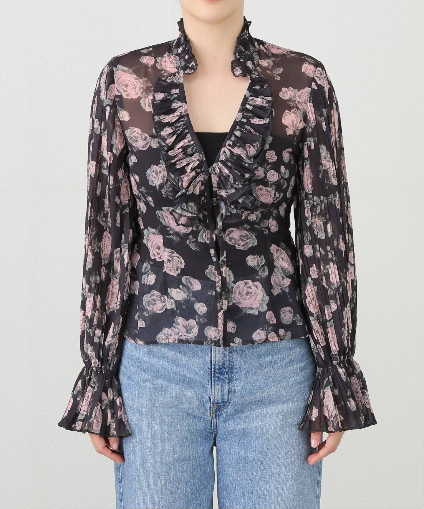 GANNI/ガニー】Pleated Georgette V-neck flounce B：ブラウス（シャツ 