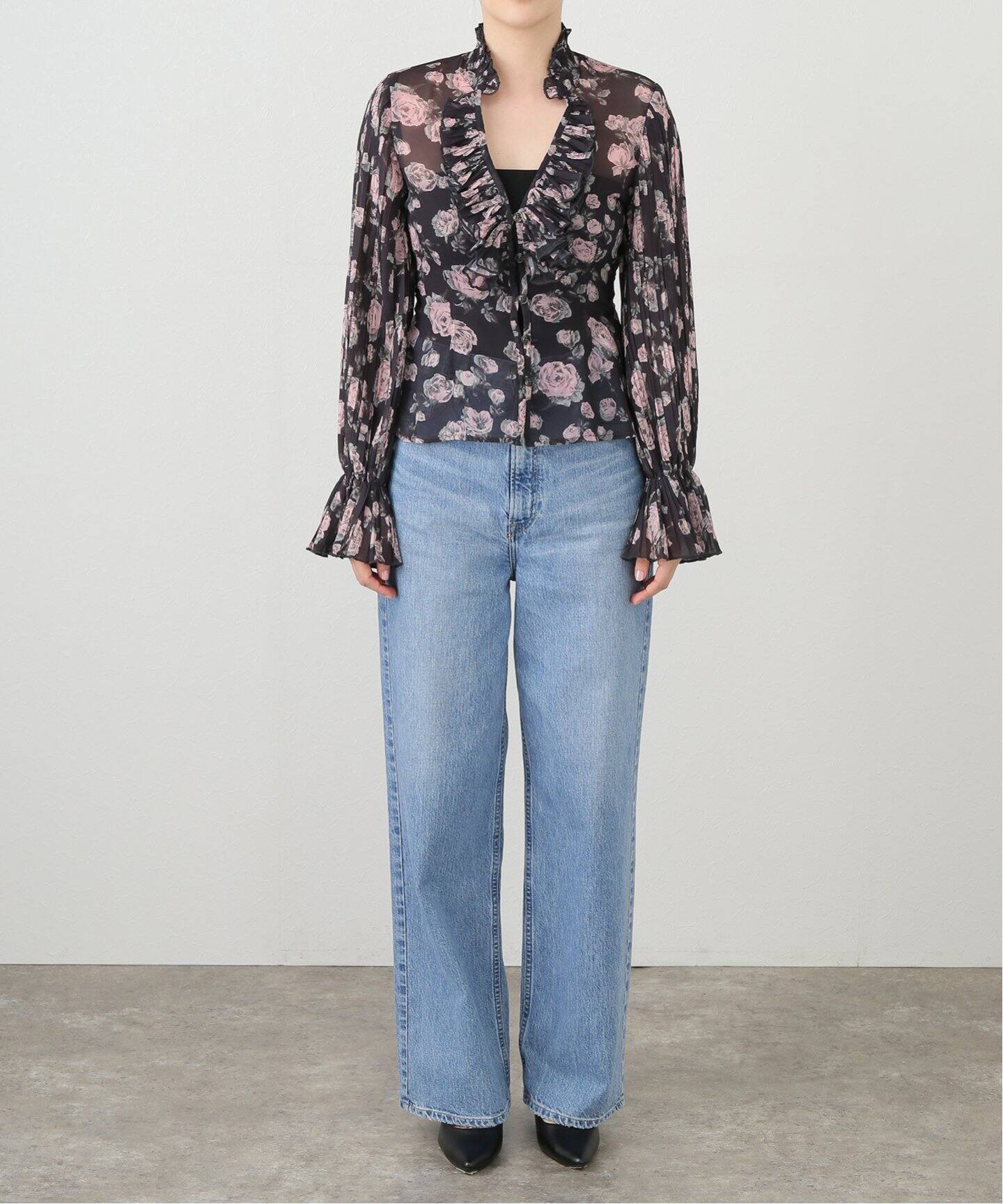 GANNI/ガニー】Pleated Georgette V-neck flounce B：ブラウス（シャツ 
