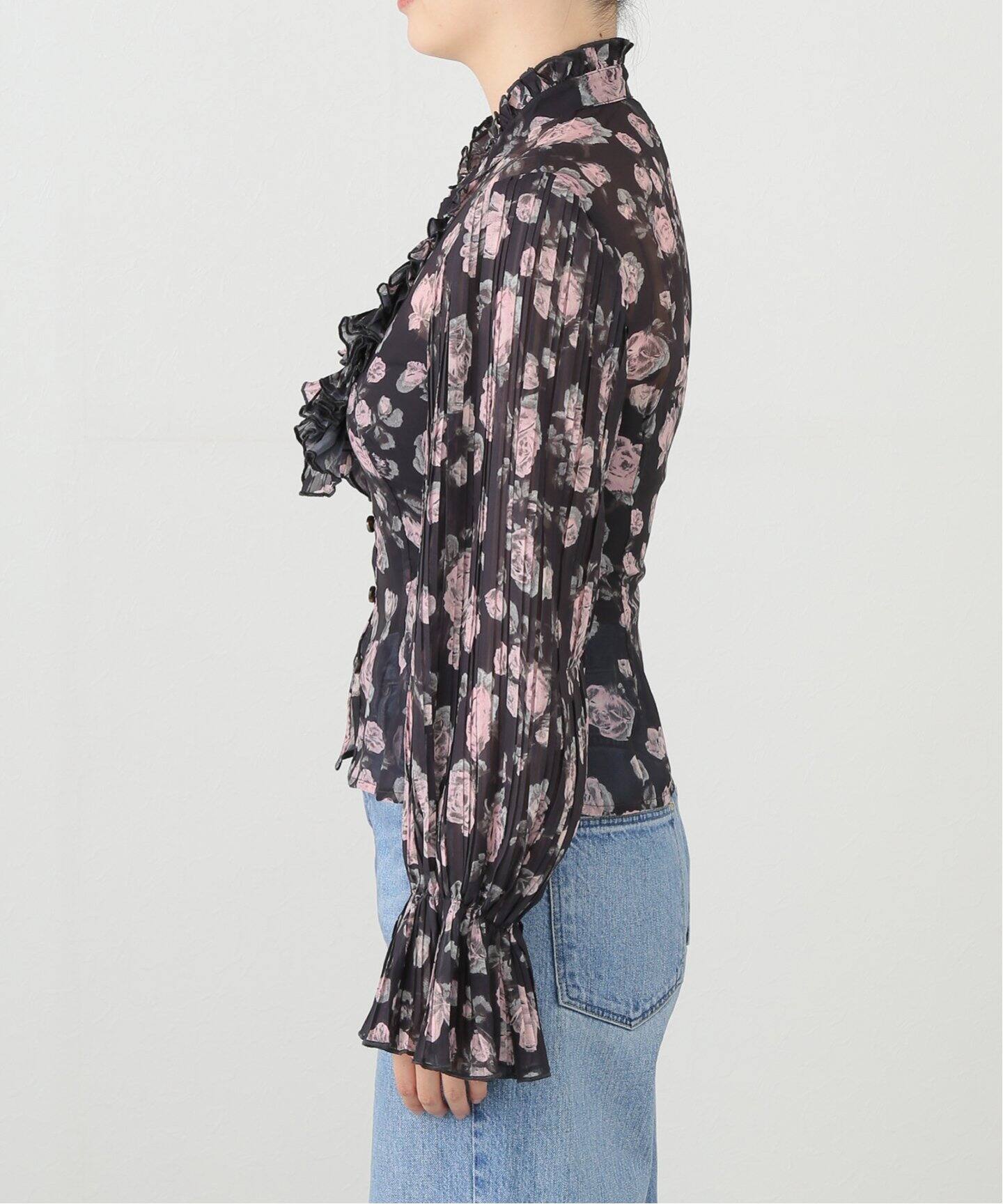 GANNI/ガニー】Pleated Georgette V-neck flounce B：ブラウス（シャツ 