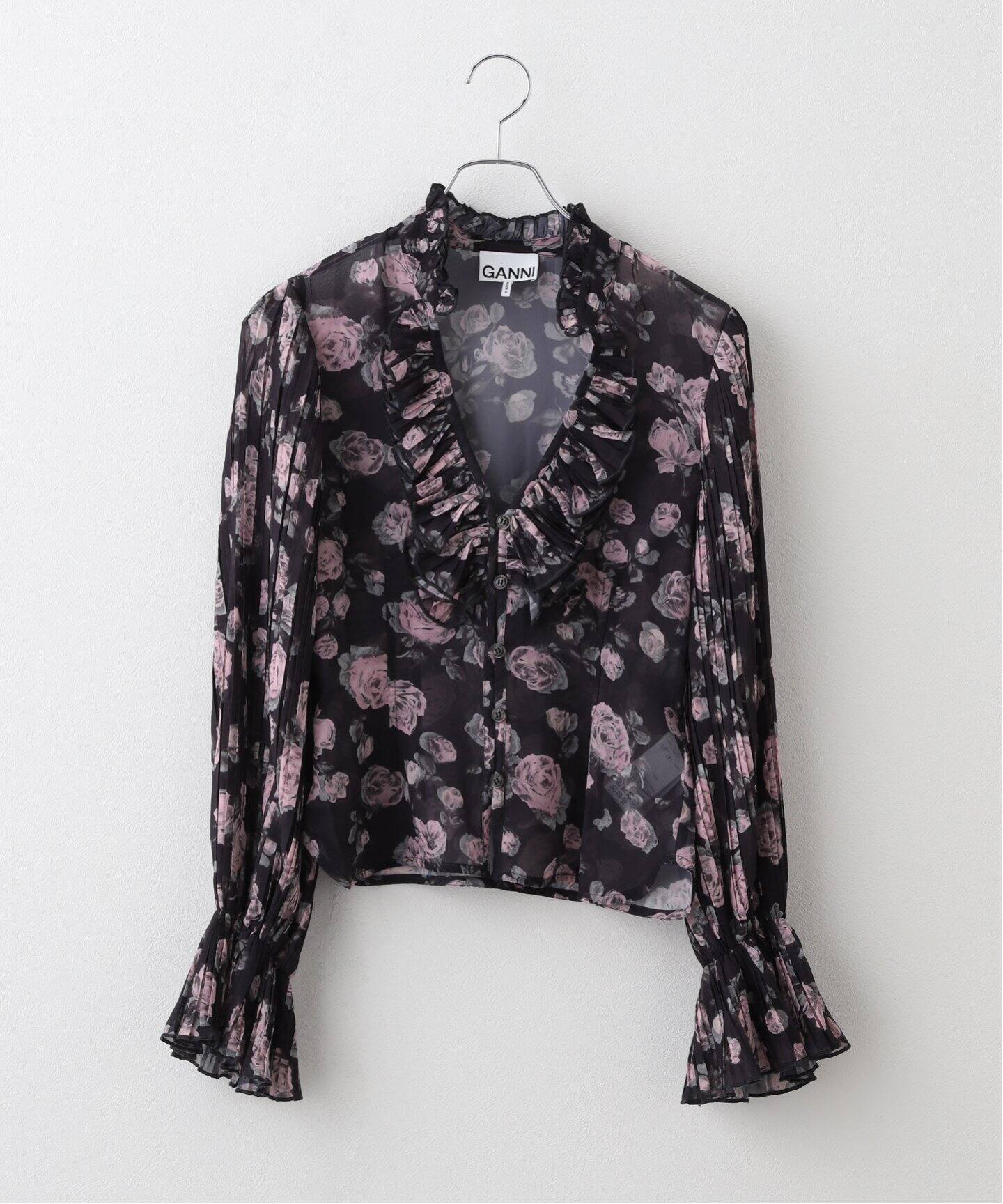 GANNI/ガニー】Pleated Georgette V-neck flounce B：ブラウス（シャツ 