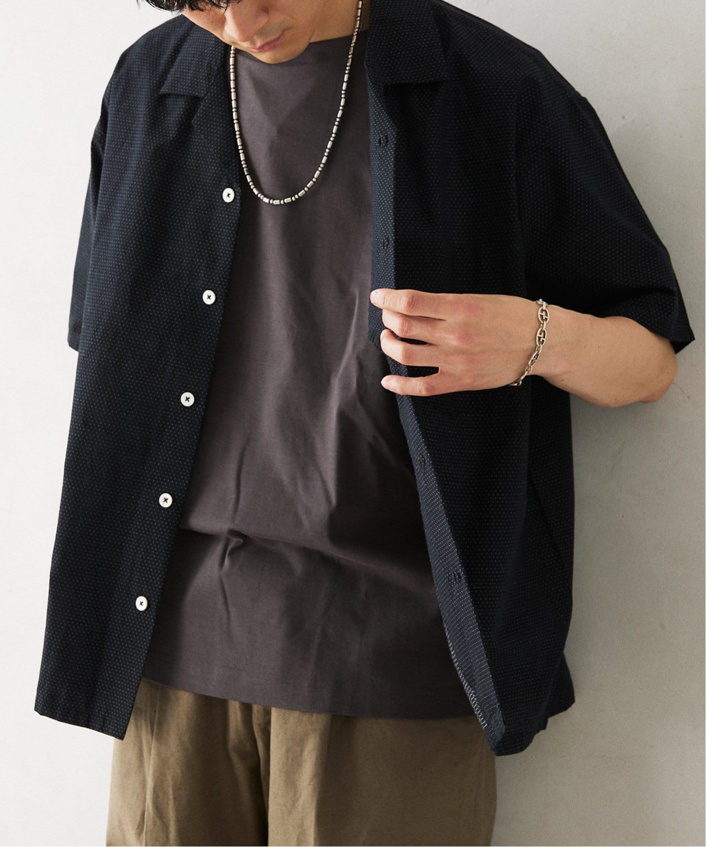 INDIA SHIRTINGS ステッチストライプオープンカラーシャツ