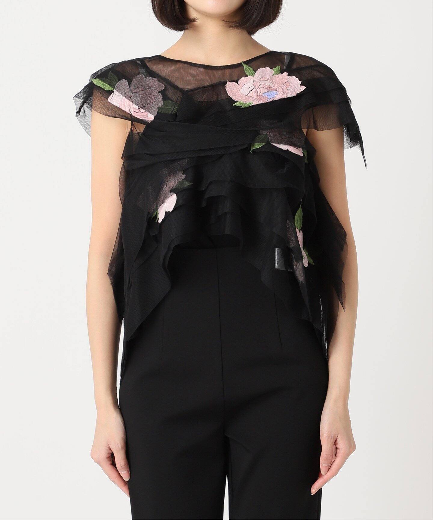 CAROLINE HU/キャロライン フウ】TULLE PLEATRD TOP（シャツ／ブラウス  