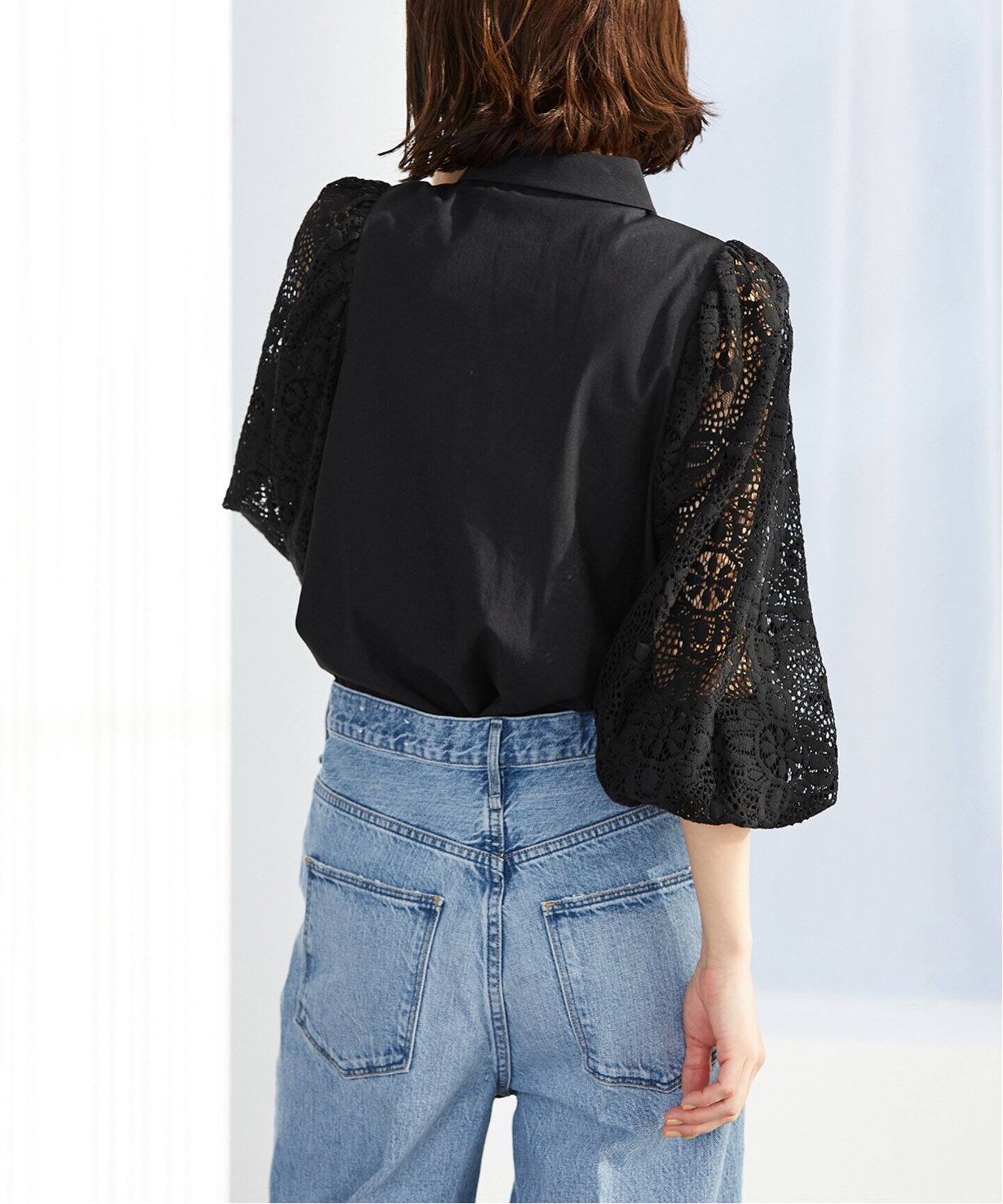 追加》レースコンビ ボリュームスリーブブラウス（シャツ／ブラウス  