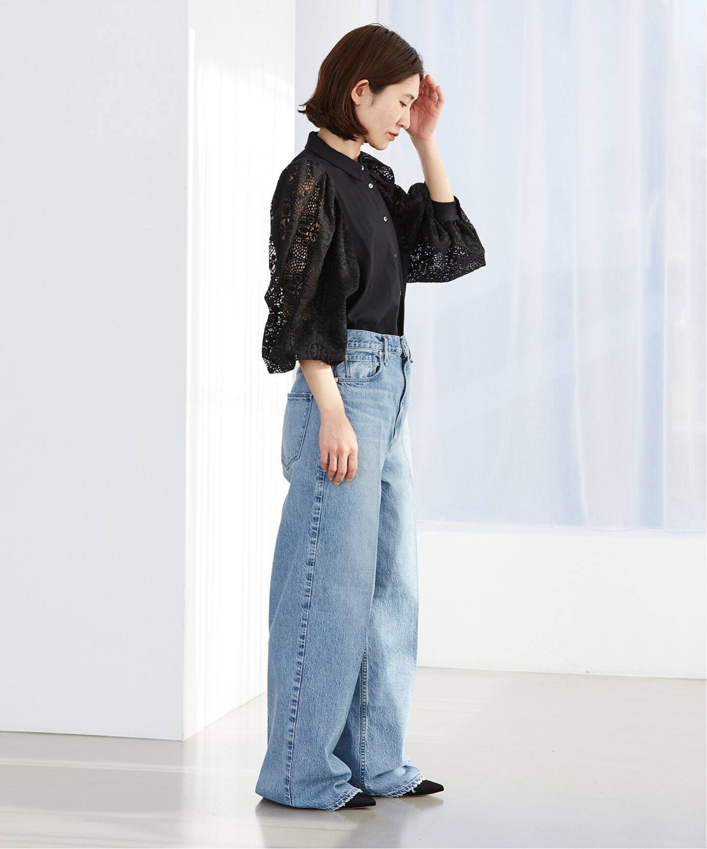 追加》レースコンビ ボリュームスリーブブラウス（シャツ／ブラウス  