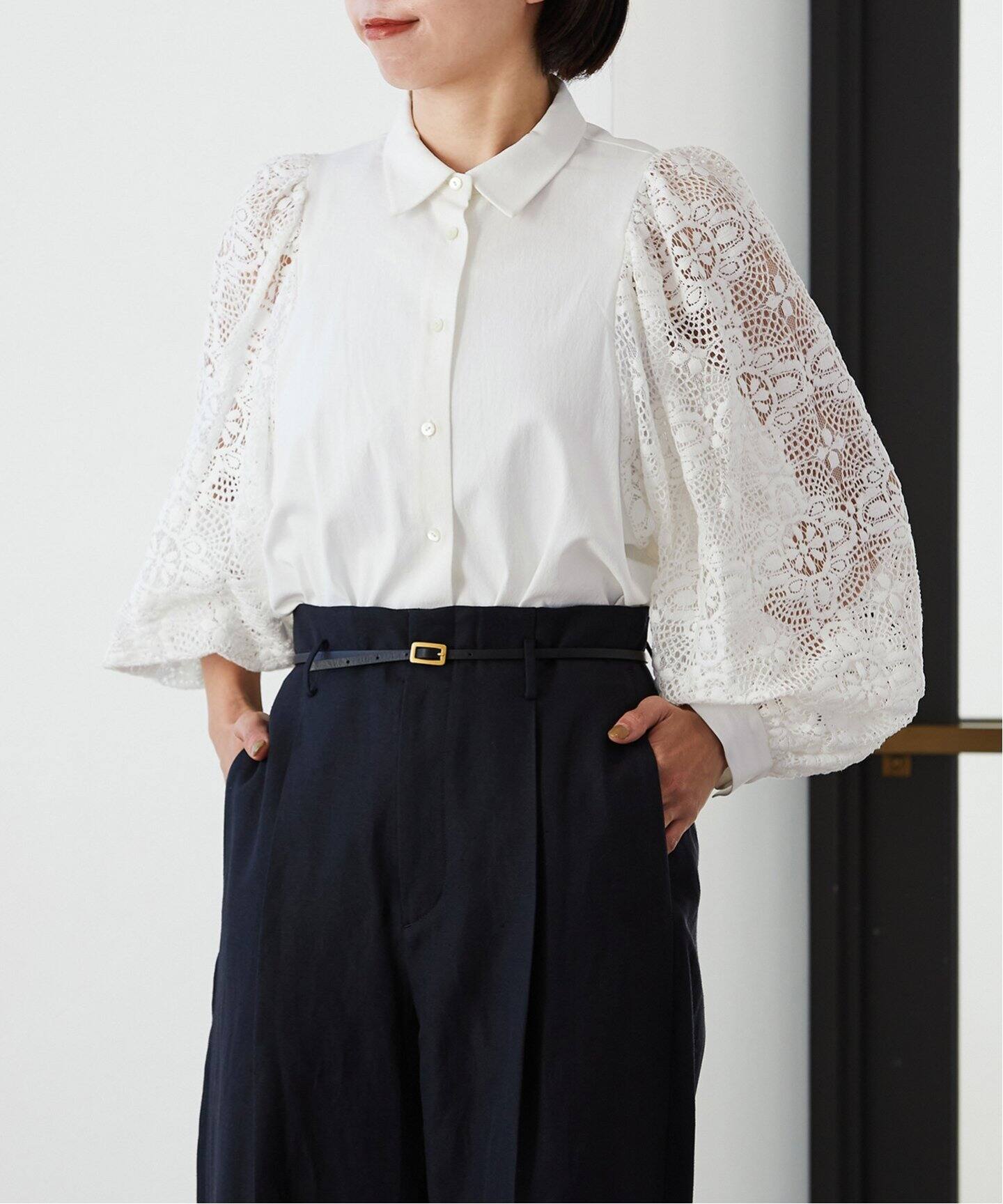 追加》レースコンビ ボリュームスリーブブラウス（シャツ／ブラウス  