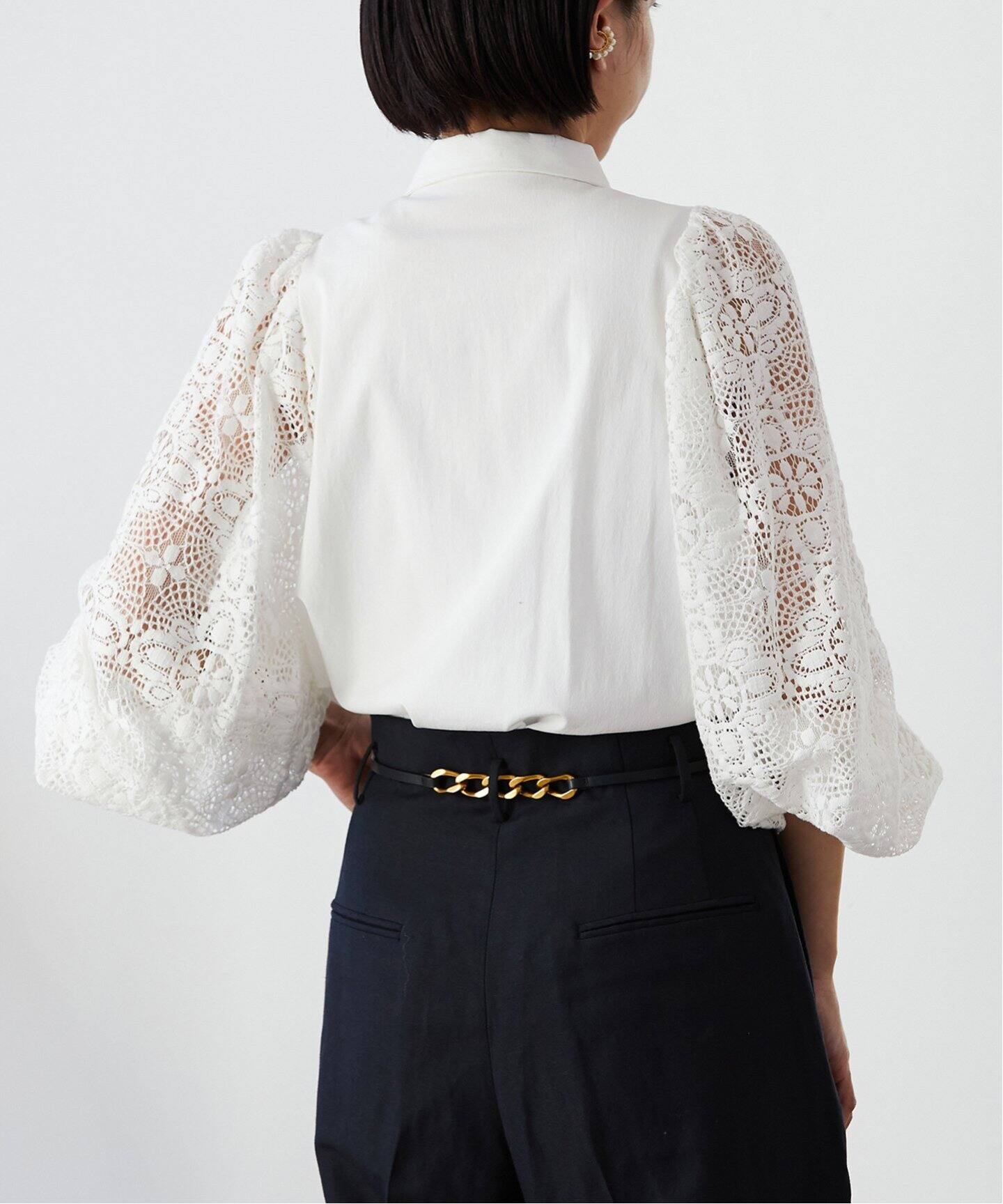 追加》レースコンビ ボリュームスリーブブラウス（シャツ／ブラウス  