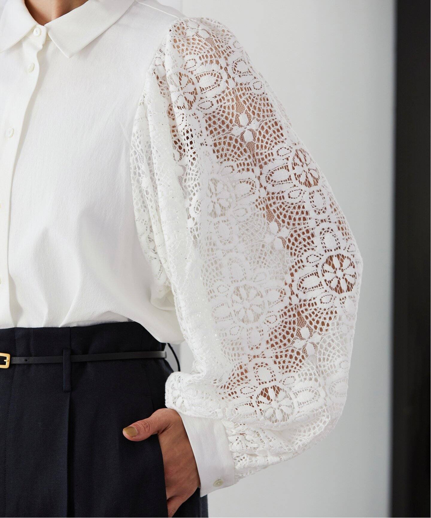 追加》レースコンビ ボリュームスリーブブラウス（シャツ／ブラウス  