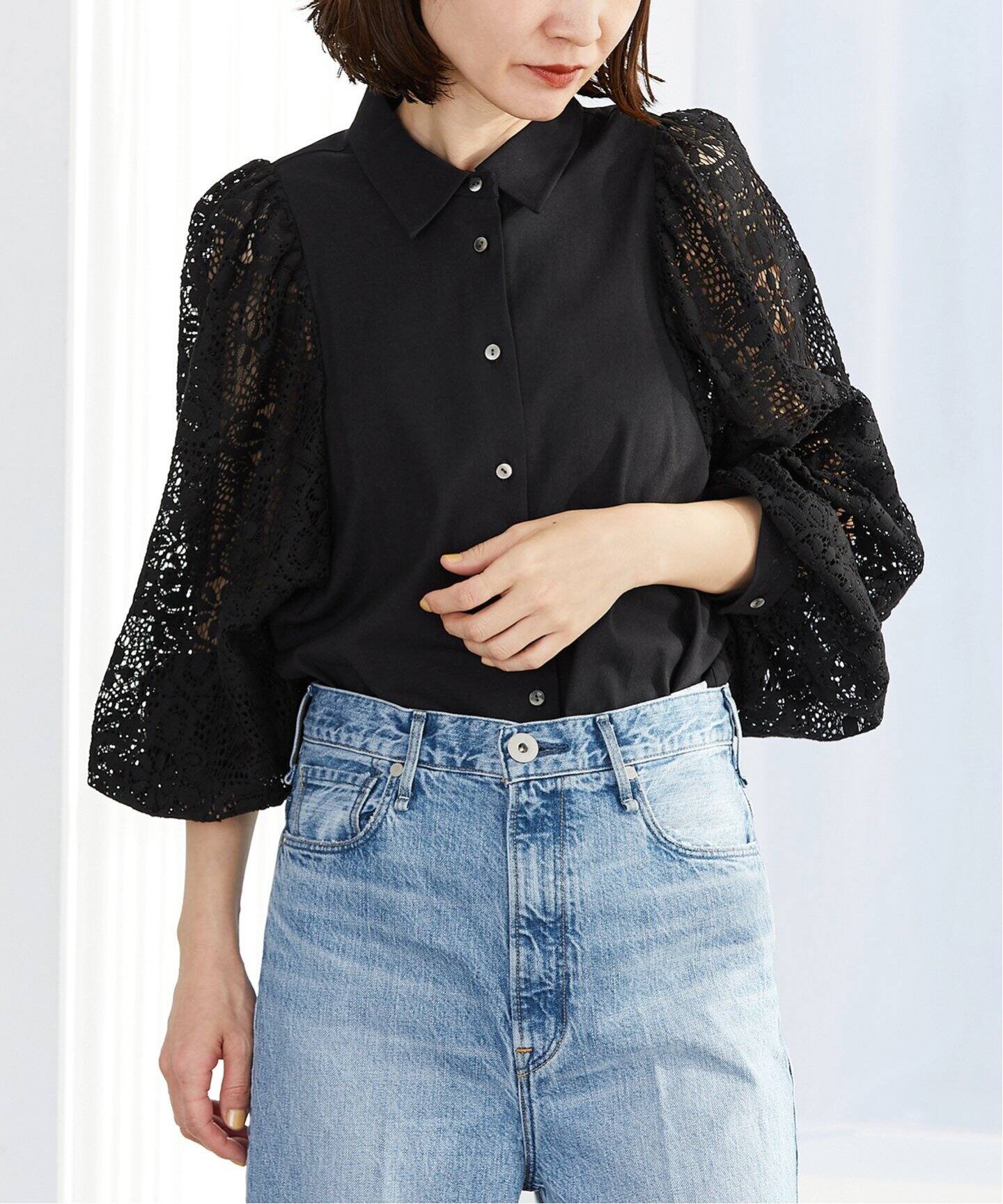 追加》レースコンビ ボリュームスリーブブラウス（シャツ／ブラウス  