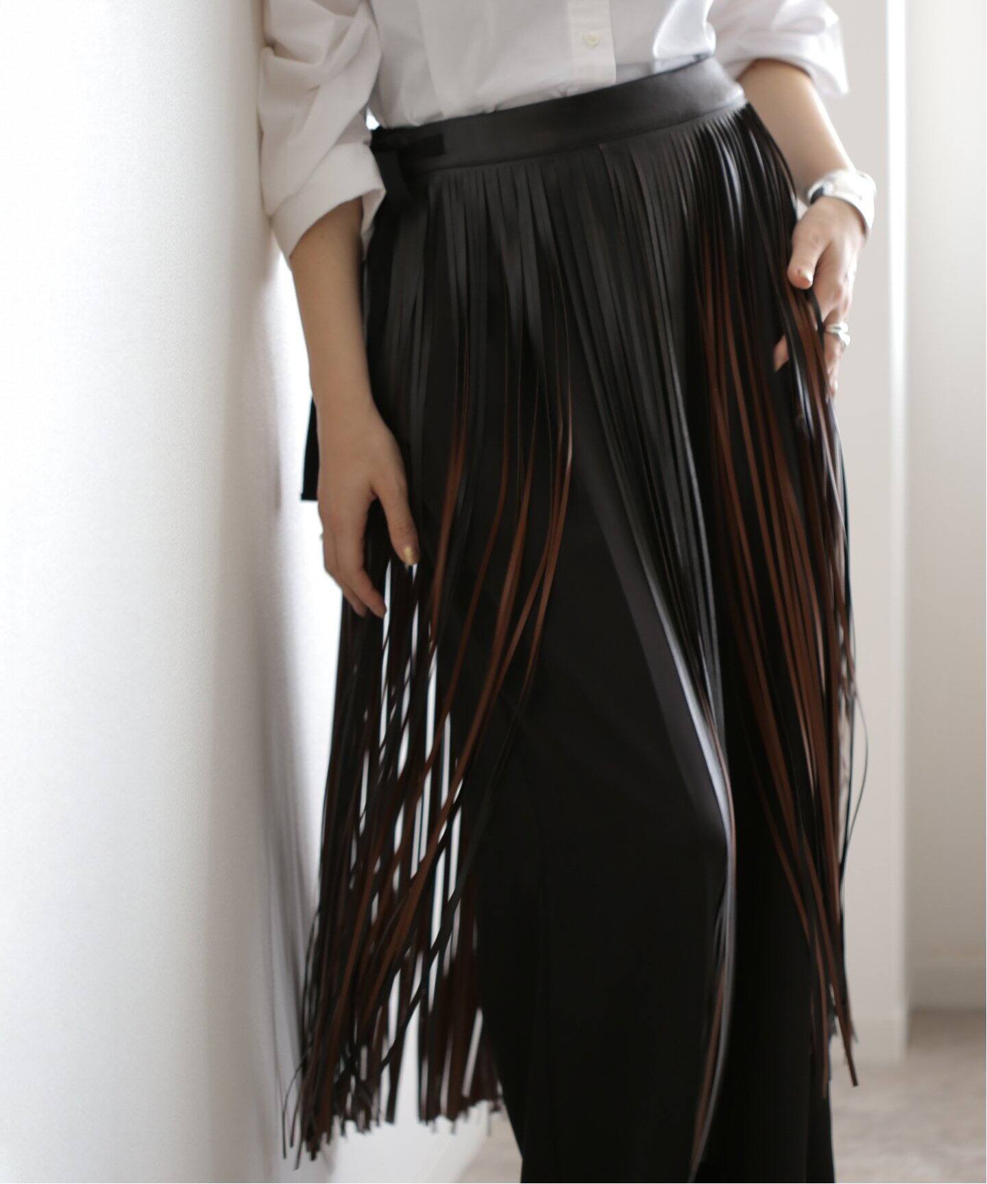 PONTI Leather Fringe Wrap Skirt（ひざ丈スカート）｜BOICE FROM  
