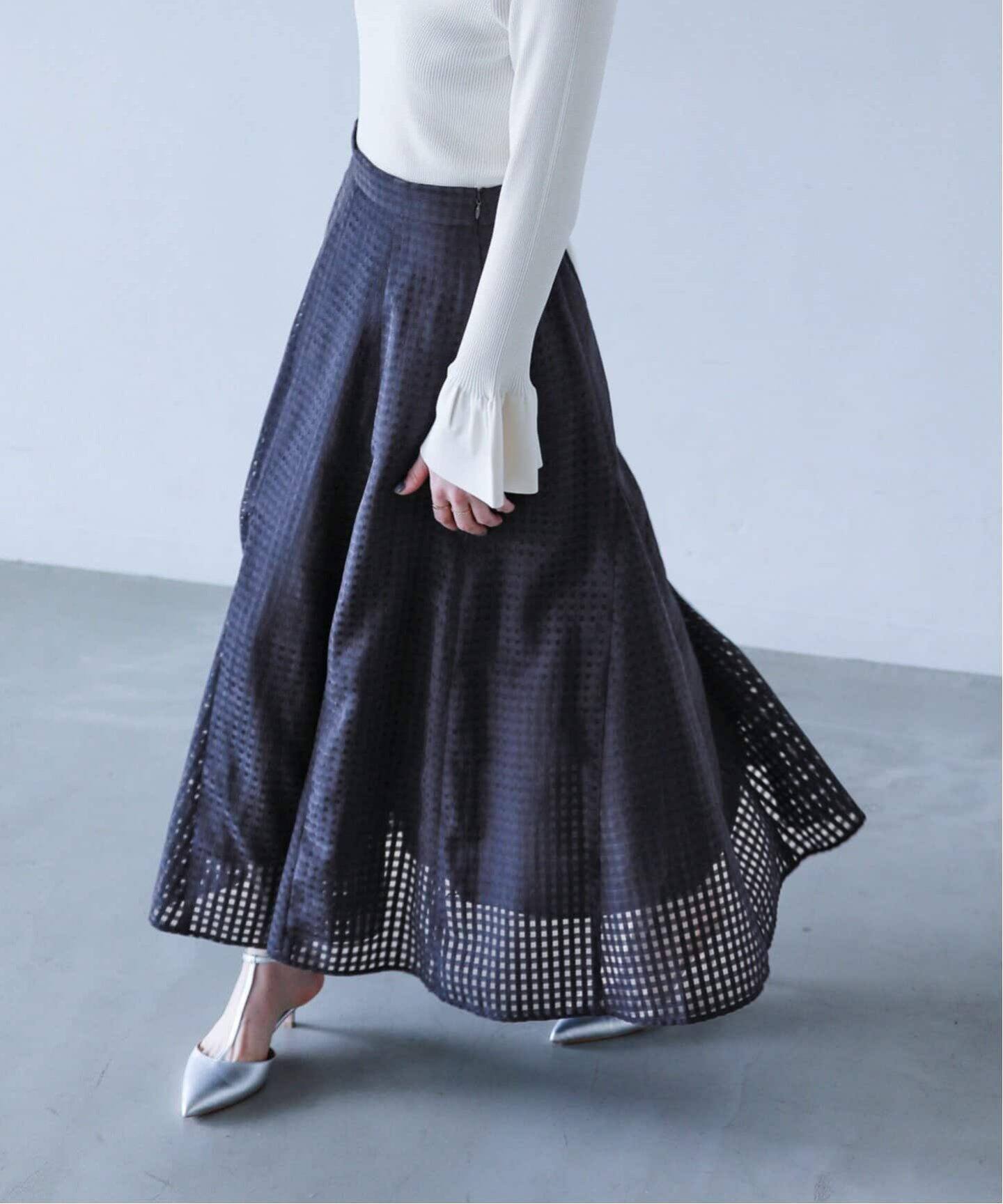 追加2》シアーチェックフレアスカート（ロング・マキシ丈スカート  