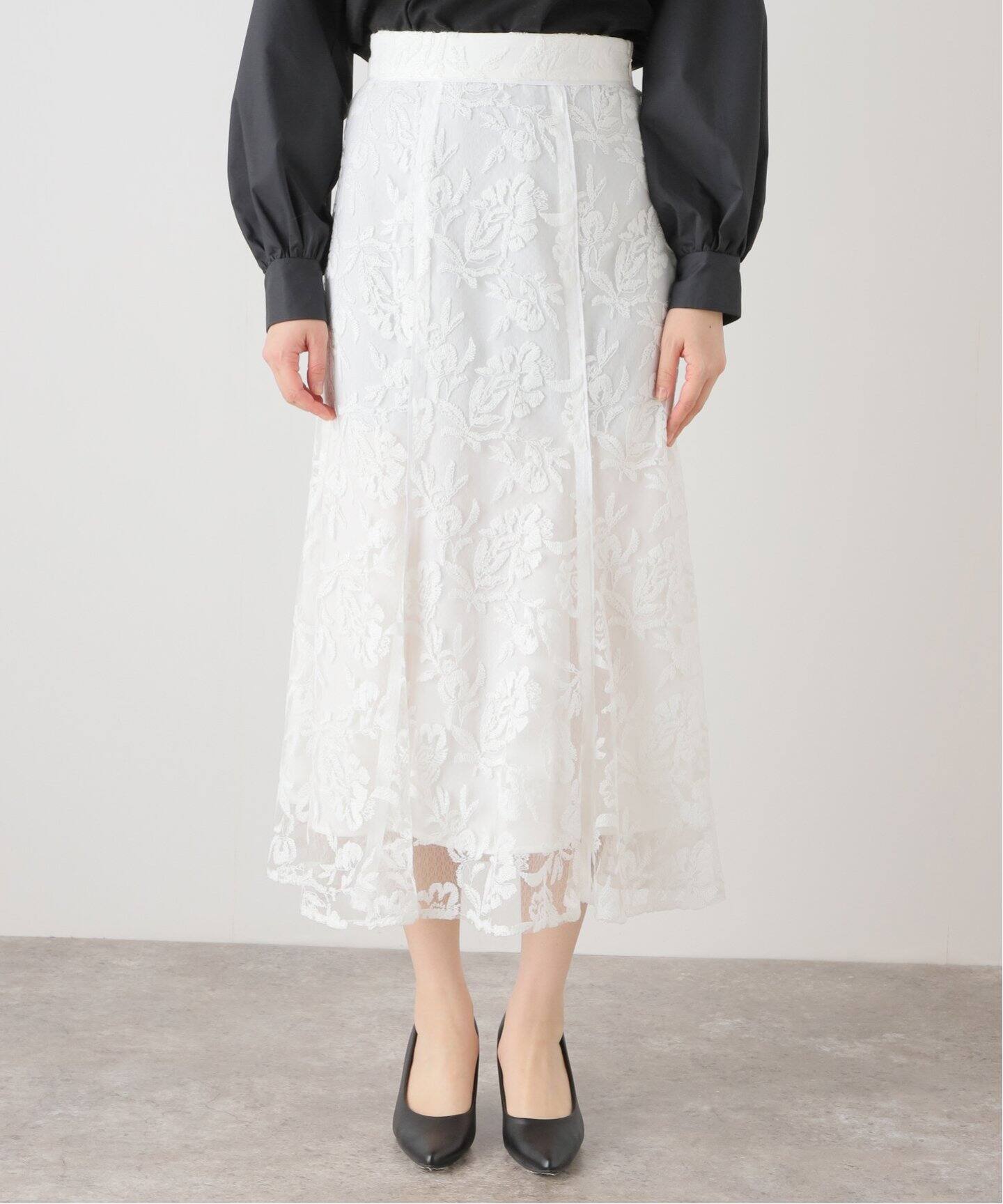 エンブロイダリーチュールスカート（ロング・マキシ丈スカート）｜La  