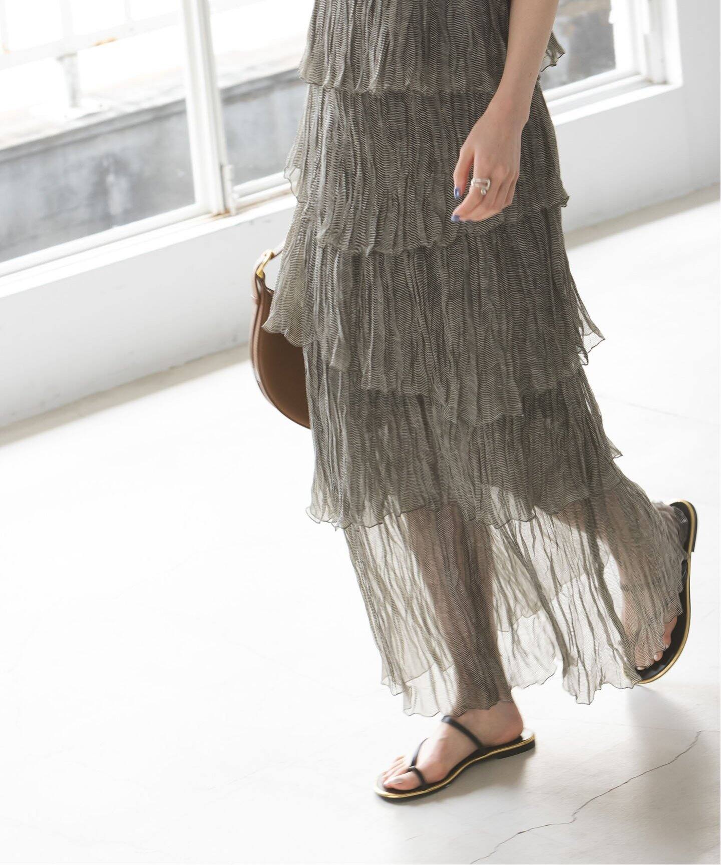 コードシアープリーツティアードスカート（ロング・マキシ丈スカート  