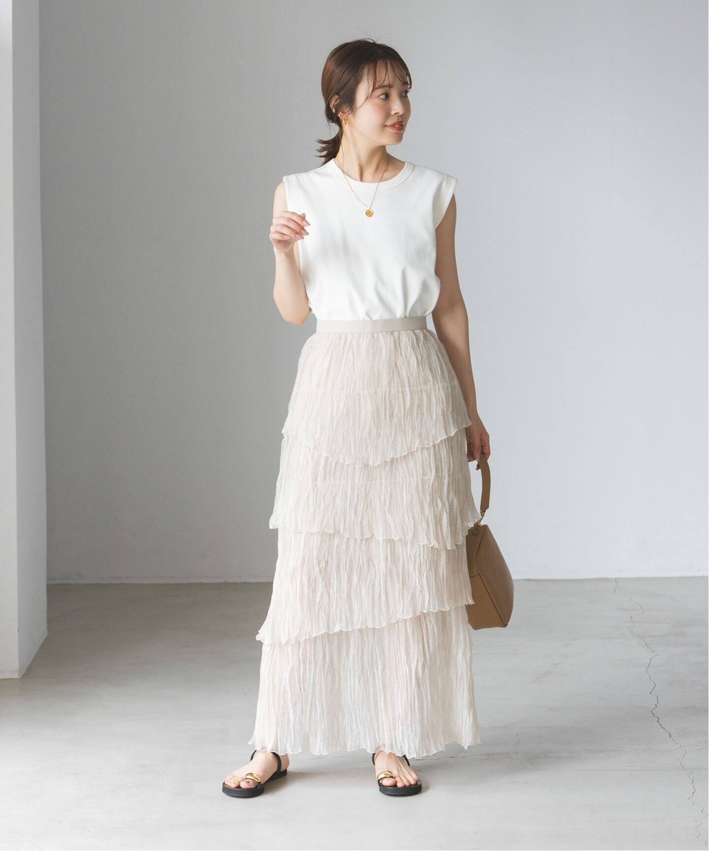 コードシアープリーツティアードスカート（ロング・マキシ丈スカート  