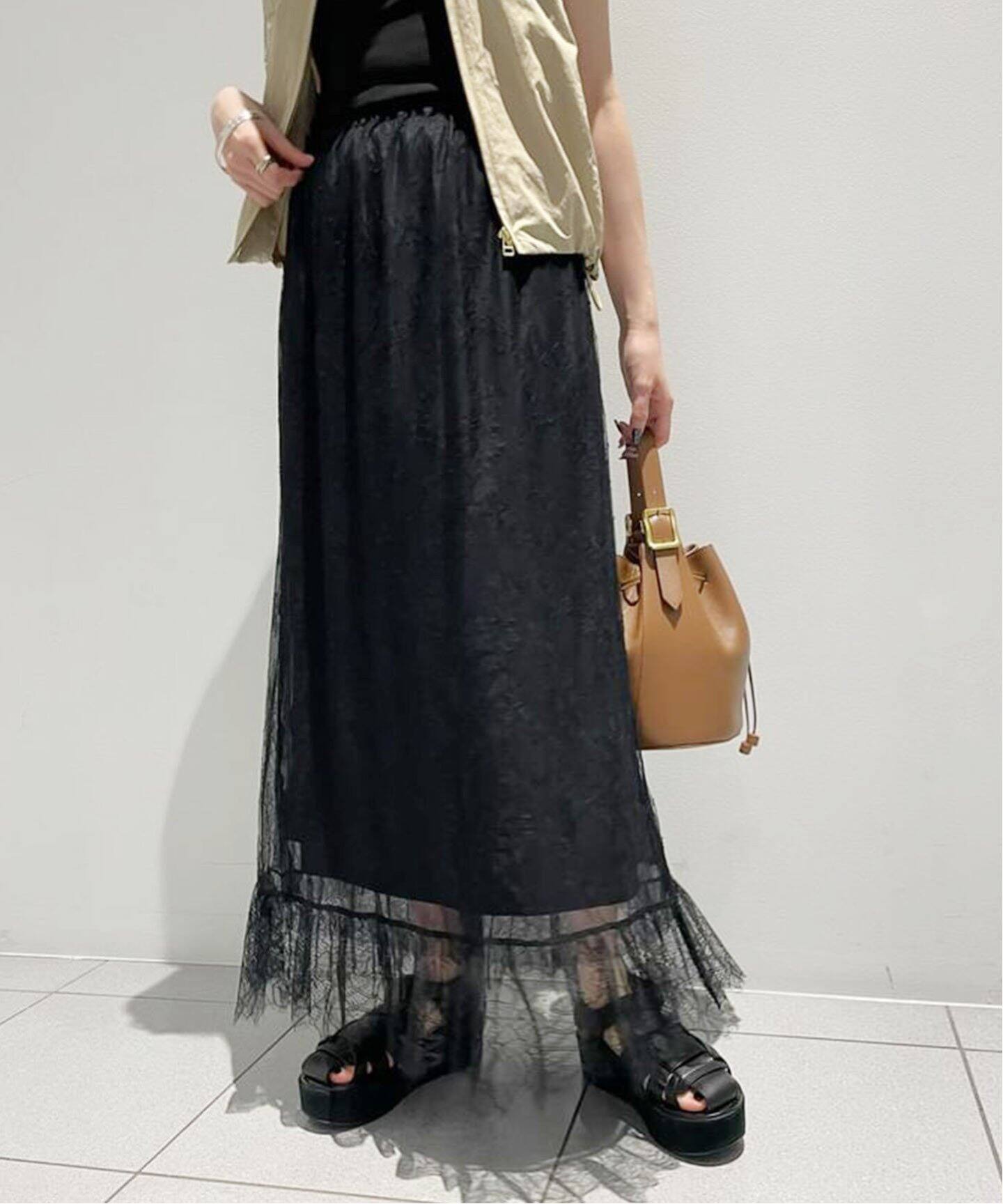 チュールレース ローフリルマキシスカート（ロング・マキシ丈スカート  