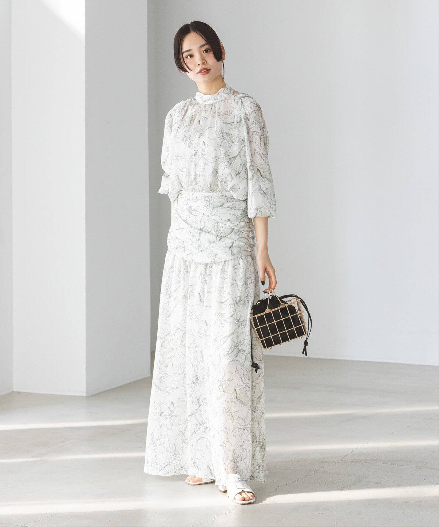 マーブルフラワーギャザーコルセットスカート（ロング・マキシ丈  