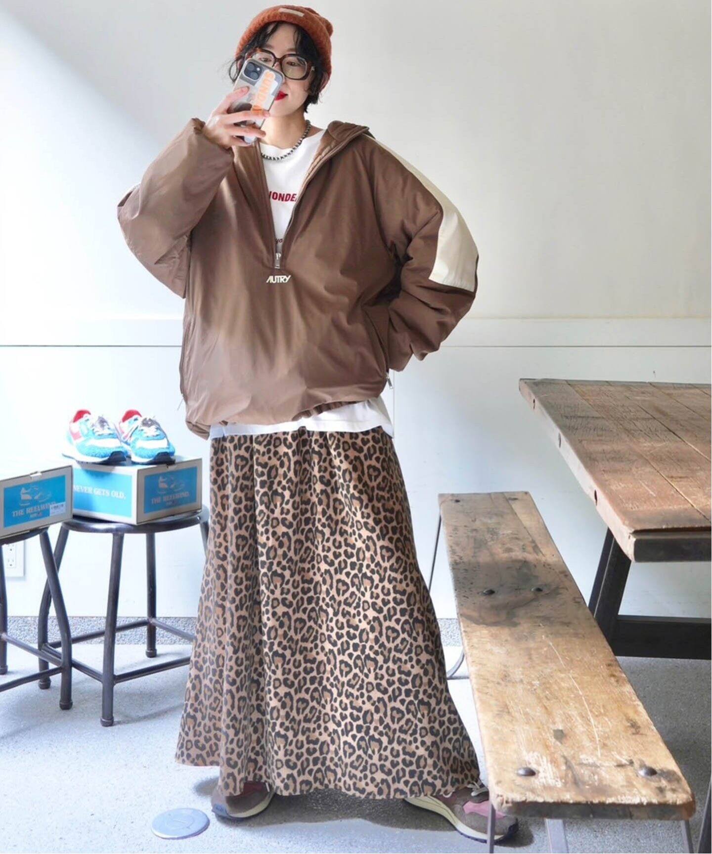 レオパードサテン マキシスカート（ロング・マキシ丈スカート  