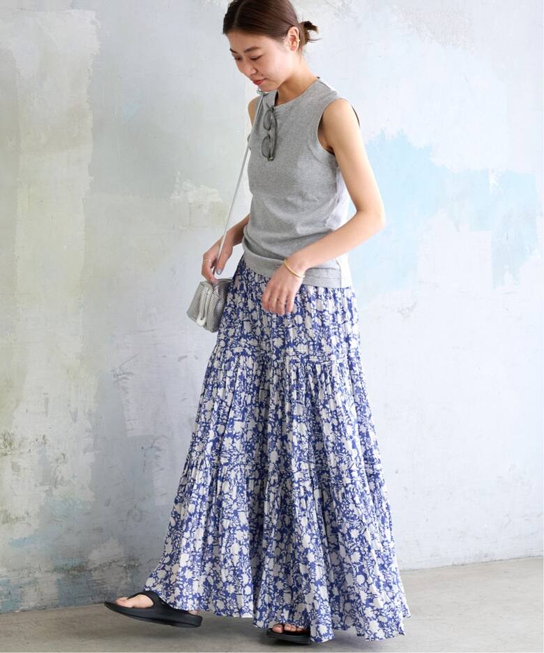 追加4》コットンボイルクリンクルティアードスカート（柄）（ロング  