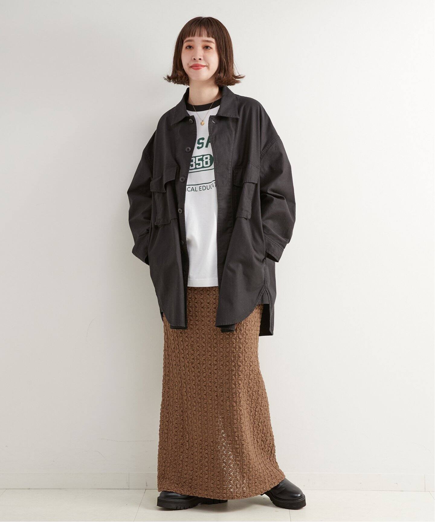 【CIDER】ミッドライズ シャーリング マキシ スカート ※送関込 織布 Cotton コットン混ミッドライズ無地シャーリングマキシ