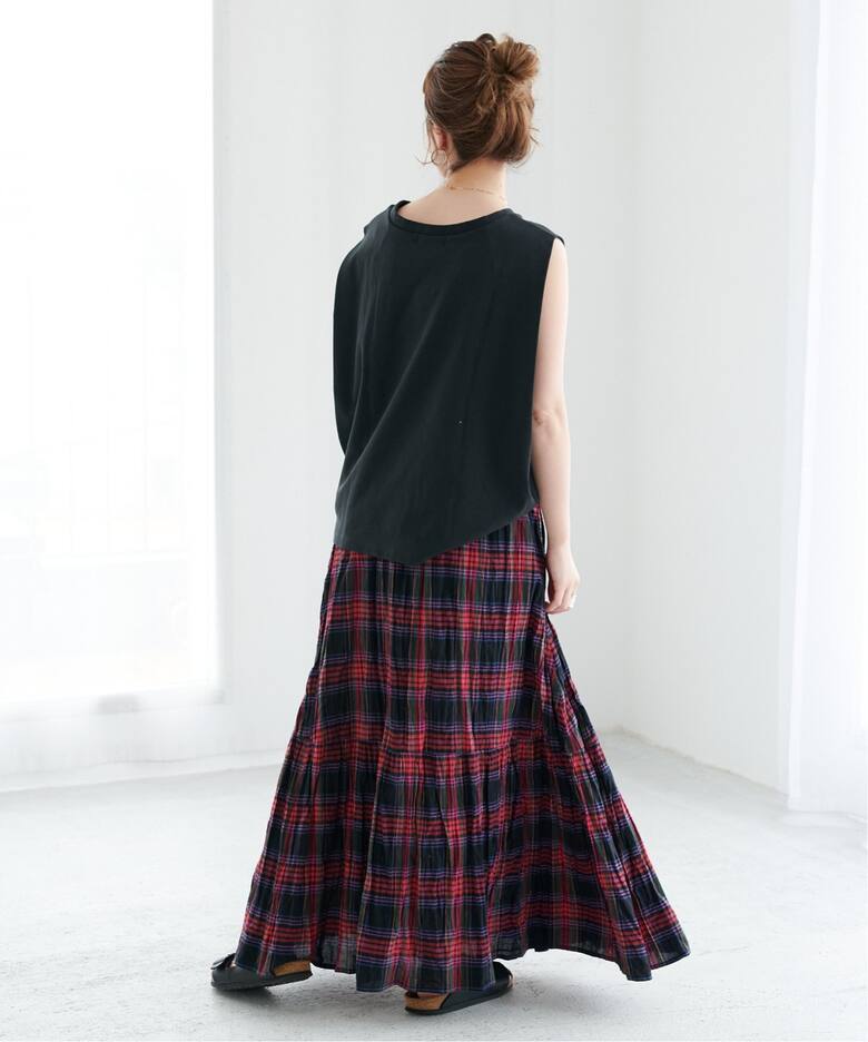 先染めチェッククリンクルスカート（ロング・マキシ丈スカート）｜B.C  