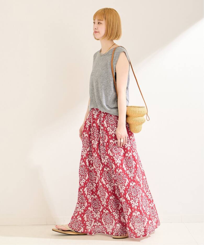 エスニックプリントギャザースカート（ロング・マキシ丈スカート  