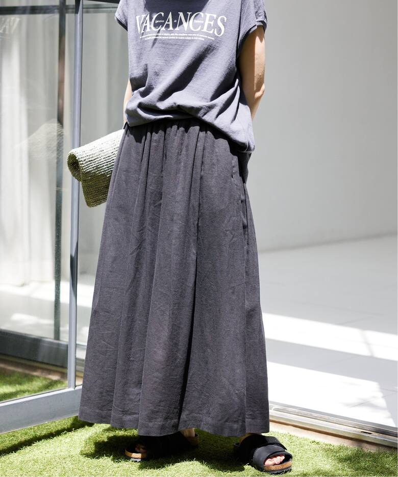 スローブイエナ 綿麻ギャザーロングスカート リネンレーヨンタック  