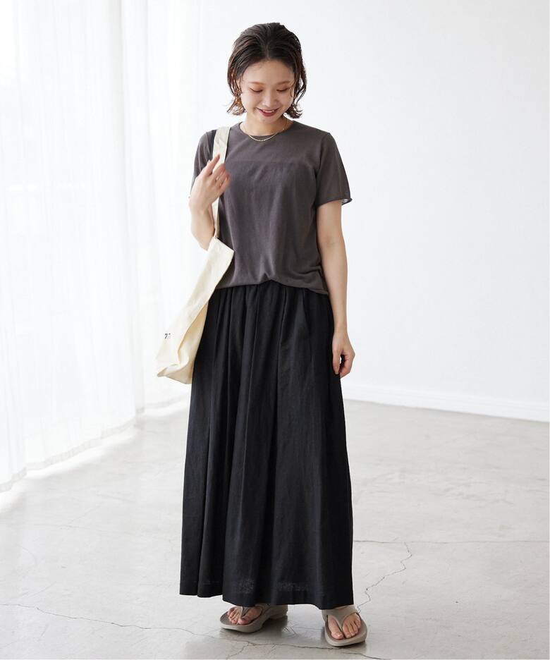 リネンレーヨンタックギャザースカート（ロング・マキシ丈スカート  