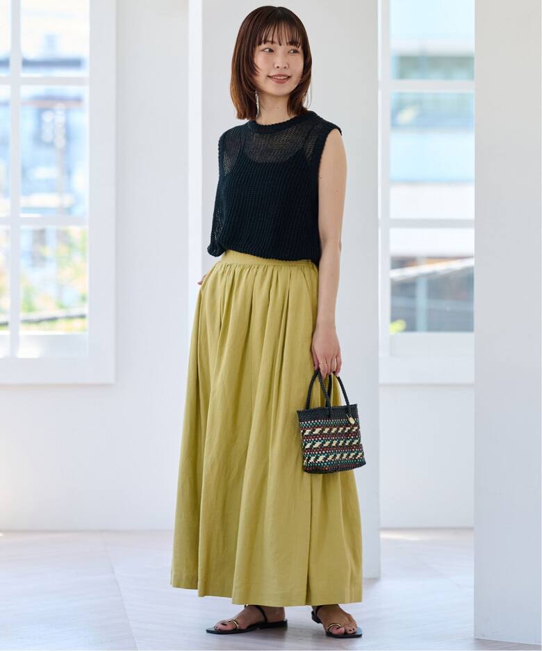 リネンレーヨンタックギャザースカート（ロング・マキシ丈スカート  