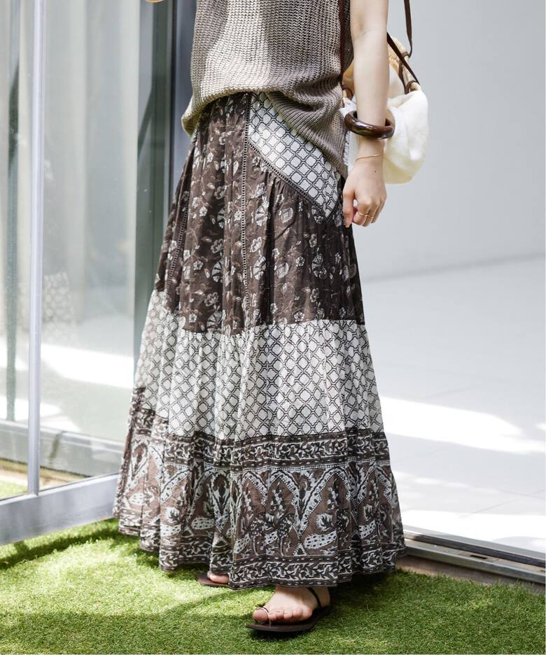 インドパネルプリントトリミング スカート（ロング・マキシ丈スカート  