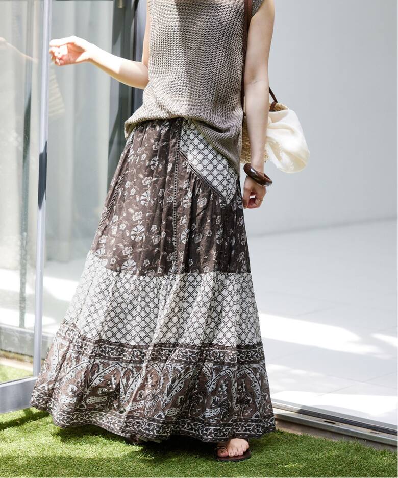 インドパネルプリントトリミング スカート（ロング・マキシ丈スカート  