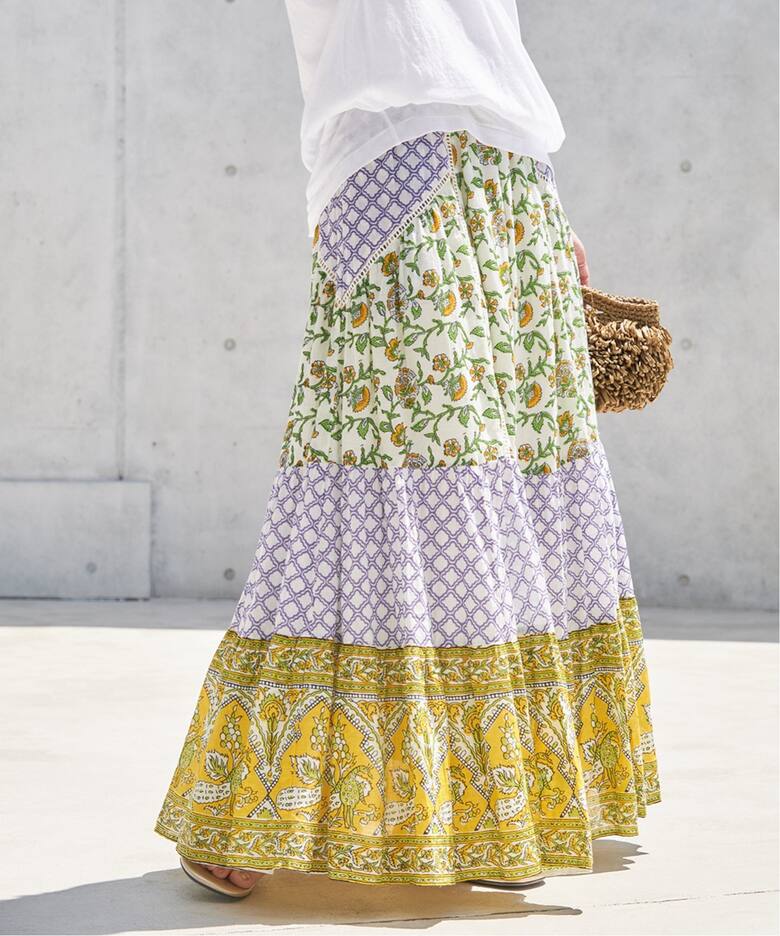 インドパネルプリントトリミング スカート（ロング・マキシ丈スカート  