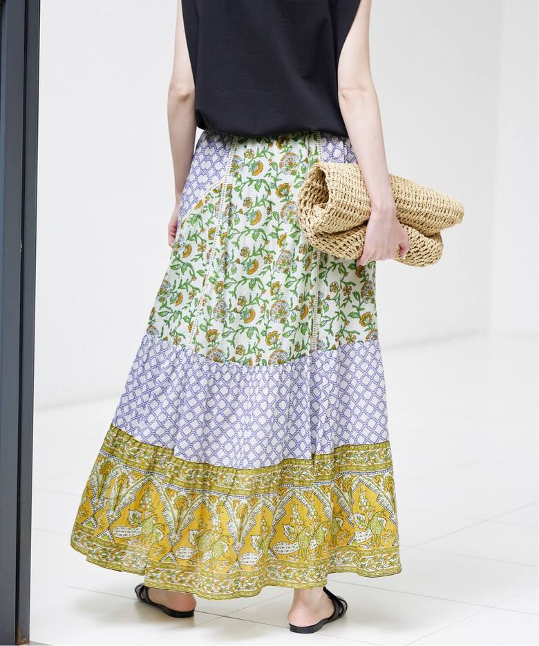 インドパネルプリントトリミング スカート（ロング・マキシ丈スカート  