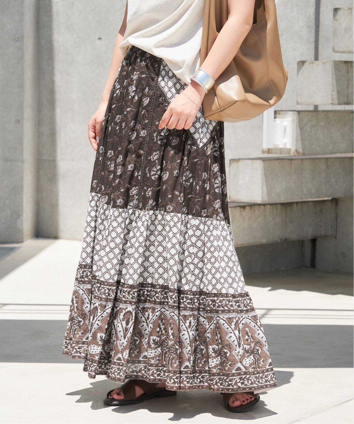 インドパネルプリントトリミング スカート（ロング・マキシ丈スカート  