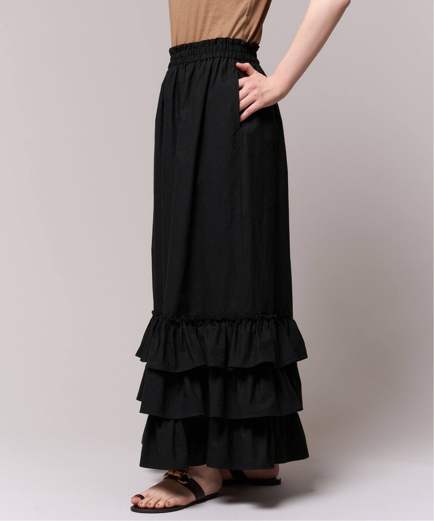 IENA LA BOUCLE コットンリネン馬布フリルスカート（ロング・マキシ丈
