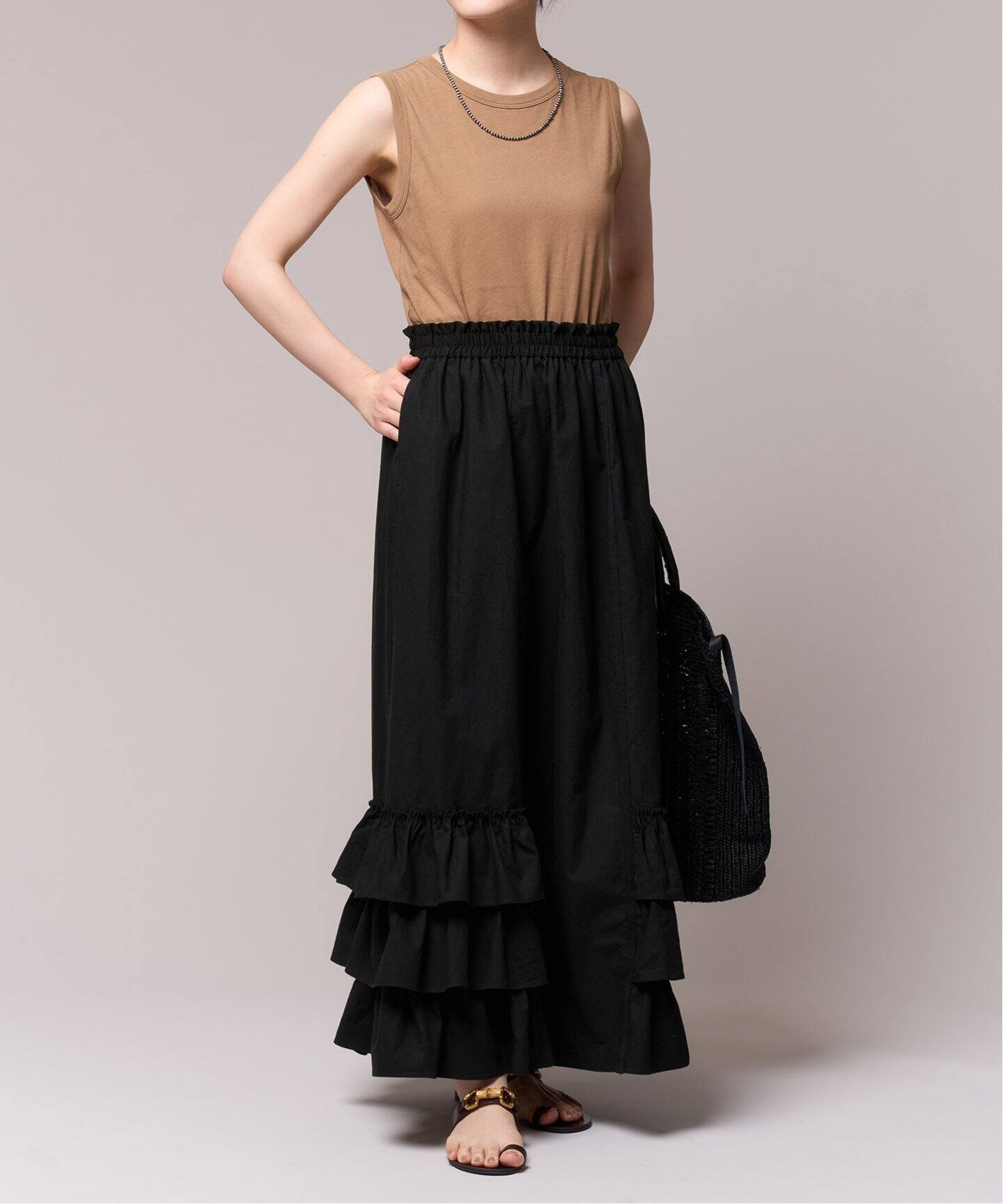 IENA LA BOUCLE コットンリネン馬布フリルスカート（ロング・マキシ丈