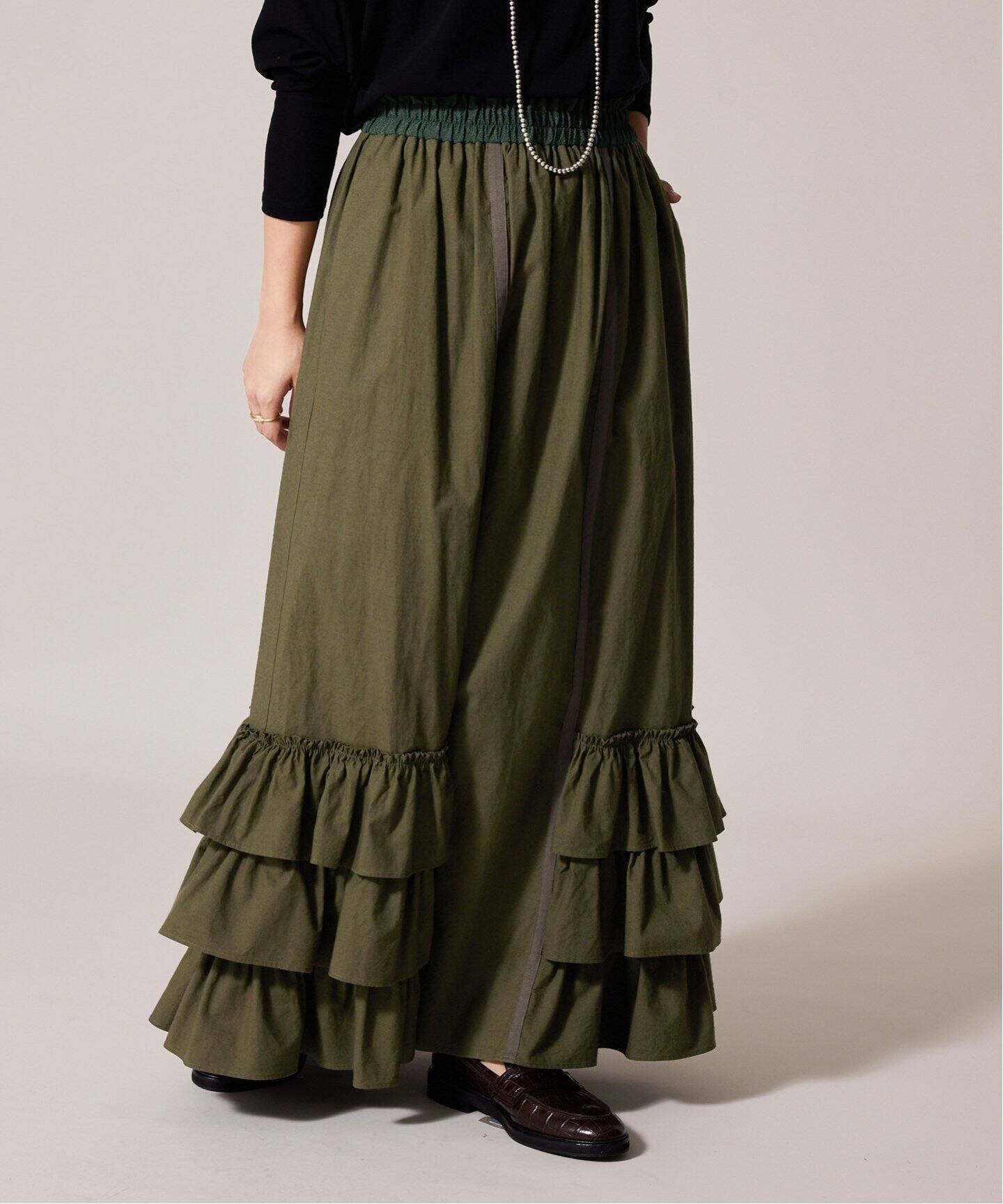 IENA LA BOUCLE コットンリネン馬布フリルスカート（ロング・マキシ丈