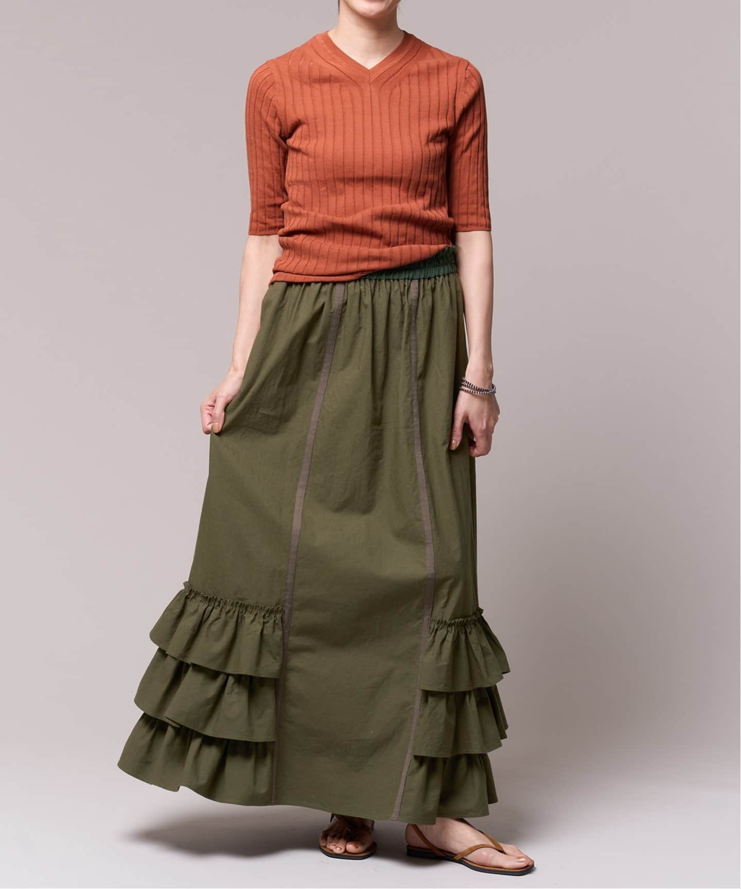 IENA LA BOUCLE コットンリネン馬布フリルスカート（ロング・マキシ丈