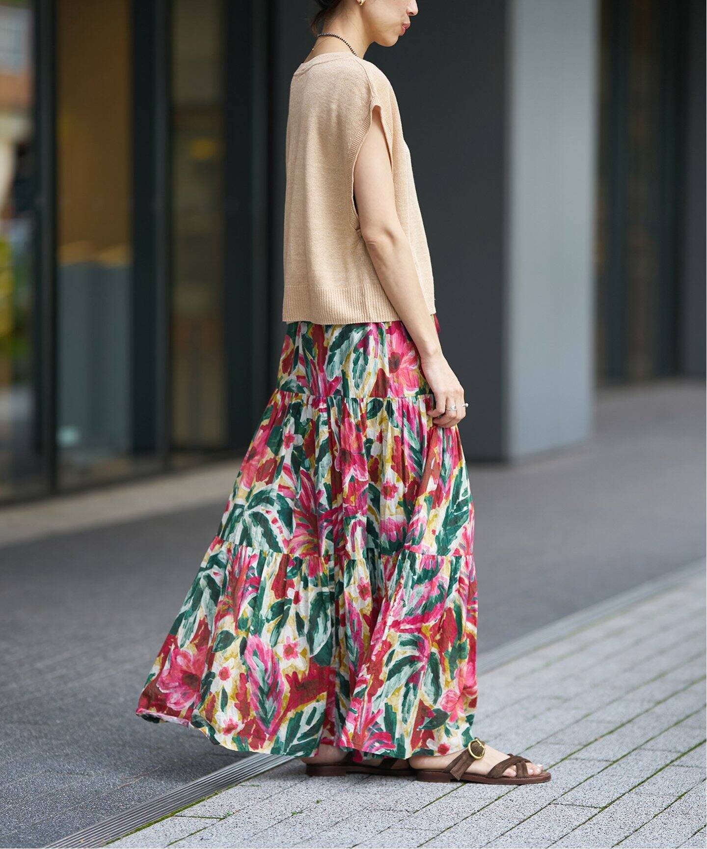 IENA LA BOUCLE DEVEAUX ペイントフラワーティアードスカート（ロング  