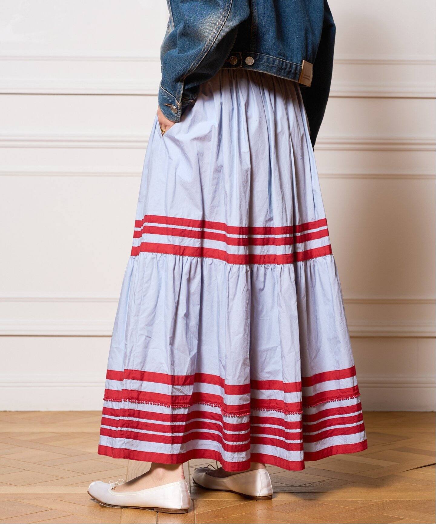 IENA LA BOUCLE cotton ラインティアードスカート（ロング・マキシ丈 