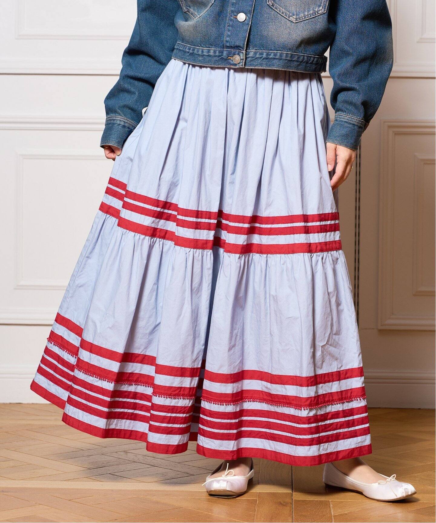 IENA LA BOUCLE cotton ラインティアードスカート（ロング・マキシ丈  