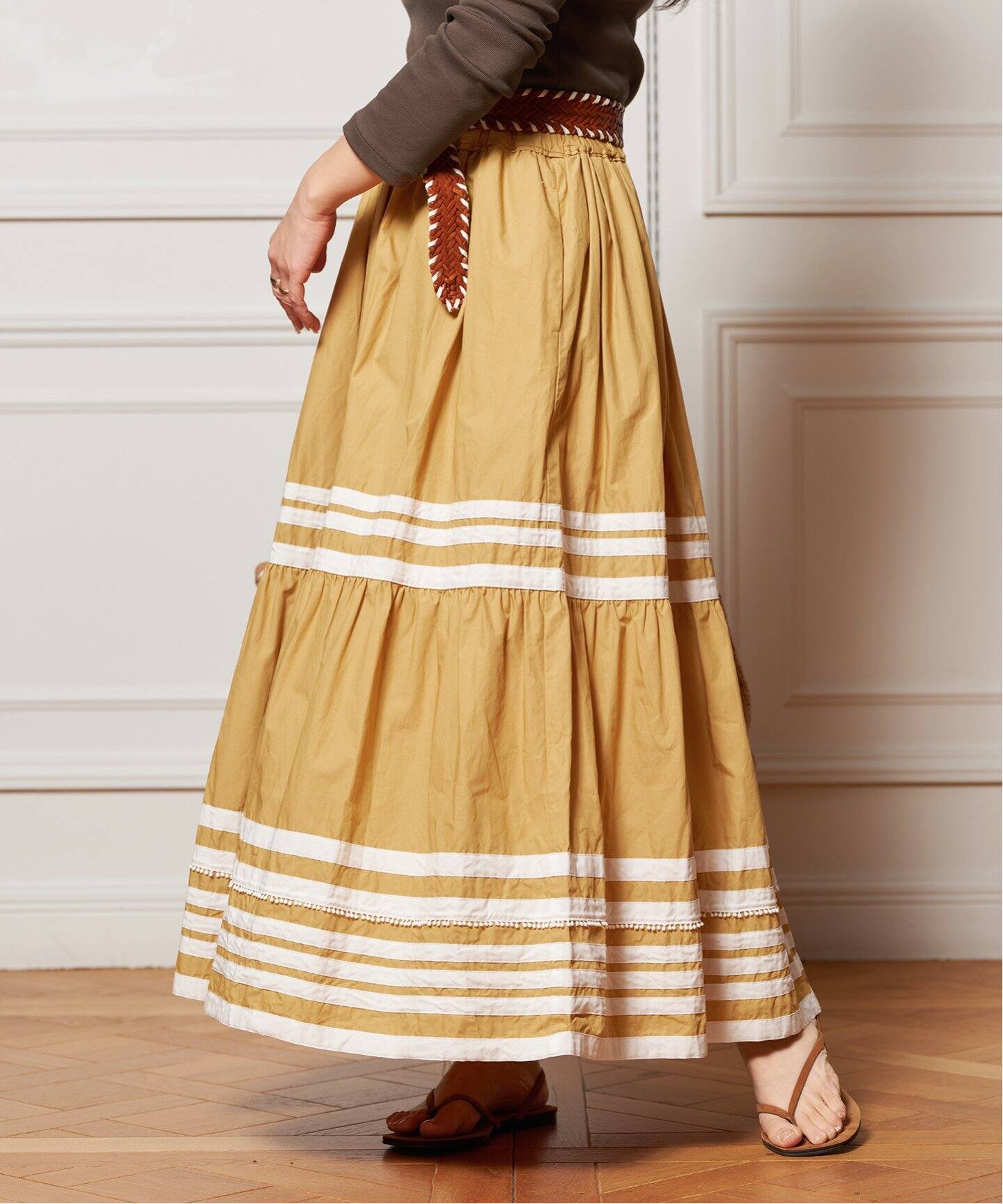 IENA LA BOUCLE cotton ラインティアードスカート（ロング・マキシ丈  